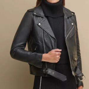 Women Biker Leather Jacket – Black – Full Length